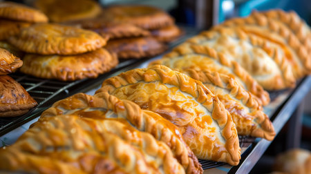 A close-up view of a variety of golden-brown pastries, with intricate patterns, lined up in a bakery display.の素材