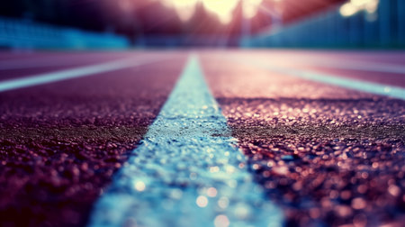 Close-up of a red running track lane with white lines, illuminated by the warm glow of a setting sun, evoking determination.の素材