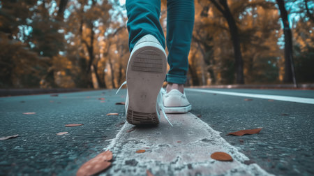 Low-angle view of a person's feet in sneakers, stepping on a road lined with fallen autumn leaves, signaling a change in season.の素材