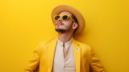 A fashion-forward man exudes confidence in a bright yellow suit complemented by a straw hat and matching sunglasses, against a yellow backdrop.の素材