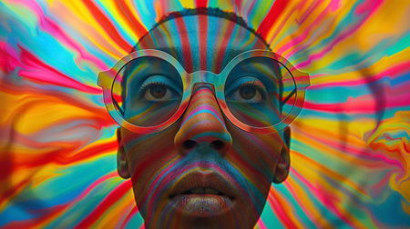 A close-up portrait of a man wearing round glasses with a kaleidoscopic explosion of vibrant colors swirling around.の素材