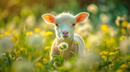 A young lamb stands amidst a sunlit field with yellow flowers, an idyllic and peaceful scene of spring.の素材