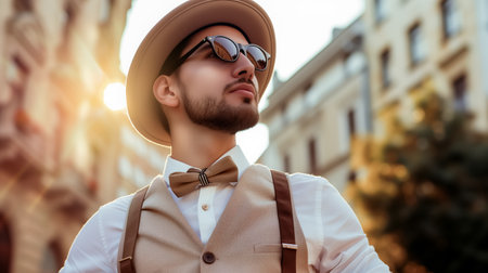 A fashionable man wearing a bow tie, suspenders, and a fedora hat confidently poses on a sunny street, exuding a vintage-inspired style.の素材