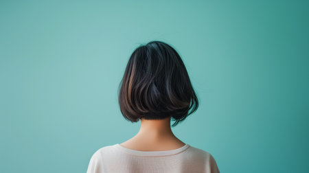 A woman stands with her back turned, showcasing a stylish bob haircut against a calm teal backdrop.の素材