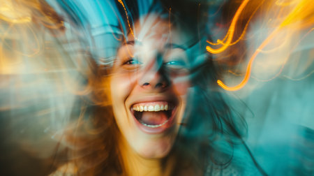 A woman's laughter is captured amidst a vibrant blur of light trails, creating a dynamic and joyful image.の素材