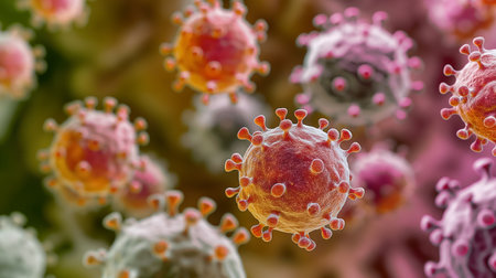 A highly detailed micrograph showing a cluster of spherical virus particles in various hues, resembling a microscopic landscape.の素材