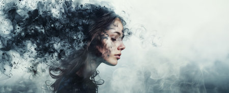 A surreal image of a woman's face gently dissolving into swirls of smoke, creating an ethereal and dream-like visual.の素材
