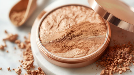 Close-up of an open makeup powder compact with a mirror, showing the textured surface of the cosmetic powder scattered around.の素材