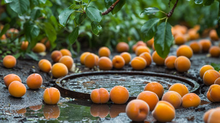 Fresh apricots fallen on wet ground, clustered around a circular drain, juxtaposing man-made structures with natural bounty.の素材