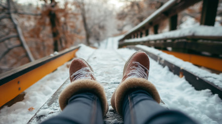 Looking down at a pair of feet in warm boots on a snowy bridge path, evoking a sense of winter exploration and adventure.の素材