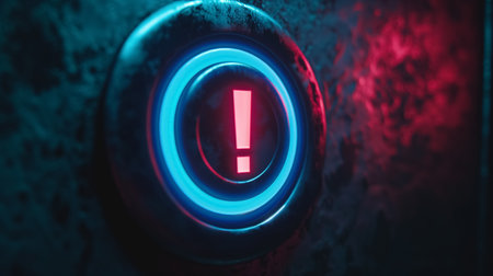A close-up of an exclamation point warning button glowing with a piercing red light in a dark setting, suggesting urgent attention.の素材