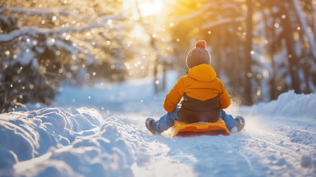 Back view of a child sledding down a snowy hill, with the golden light of the setting sun filtering through the trees.の素材