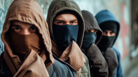 A group of young men stand in a line, faces covered with hoodies and masks, portraying a sense of anonymity and unity.の素材
