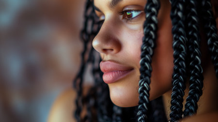 A detailed close-up portrait of a young woman with braided hair and thoughtful eyes, exuding a sense of calm introspection.の素材