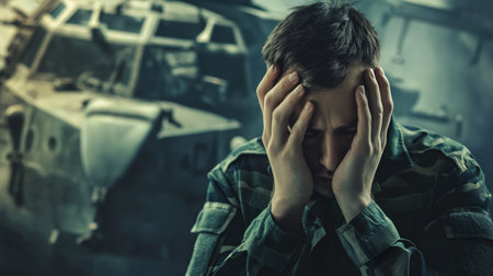 A young soldier in camouflage attire sits distressed with his head in his hands, a helicopter in the hazy background.の素材