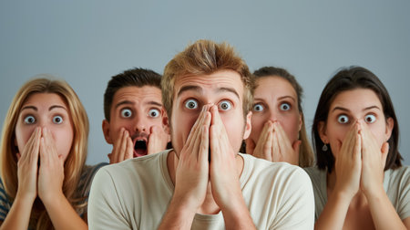 A diverse group of five people express shock and awe, with wide eyes and hands covering their mouths in surprise.の素材