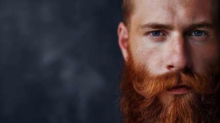 Close-up of a man with a thick, red beard and piercing blue eyes, exuding a strong, contemplative presence against a dark background.の素材