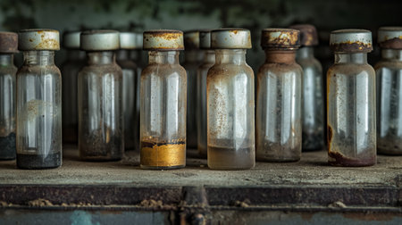 A collection of dusty, vintage glass bottles with rusty metal lids, aligned on a weathered wooden shelf, evoking a sense of abandonment.の素材