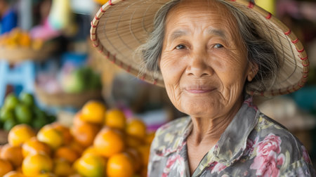 An elderly Asian woman wearing a traditional hat smiles warmly, standing in front of a colorful fruit market stall.の素材