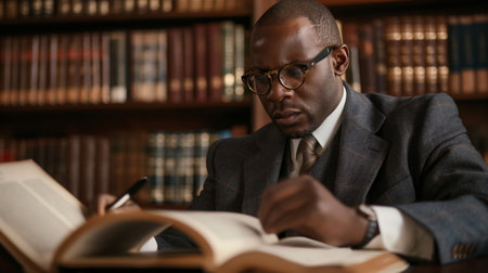 Focused man reading a large book in a traditional library setting, surrounded by wooden bookshelves.の素材