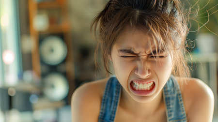 A close-up of a frustrated young woman squinting her eyes, displaying a look of stress or intense concentration.の素材