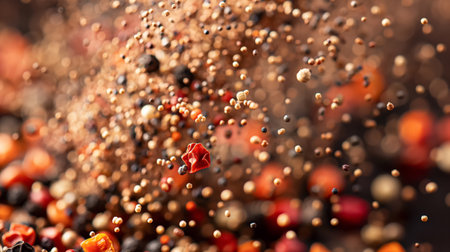 A captivating display of various spices caught mid-air, creating a dynamic explosion of colors and textures on a dark background.の素材