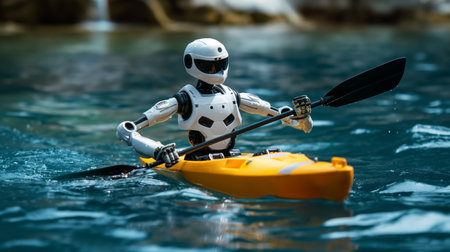 A high-tech robot in a yellow kayak paddles through calm blue waters, a metaphor for innovative exploration and adventure.の素材