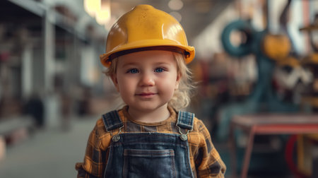 An endearing toddler with sparkling blue eyes, donning a yellow hard hat and denim overalls, stands confidently in a busy workshop setting.の素材