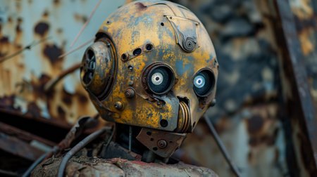 A close-up of a rusted robot head, with an expression that appears despairing, amidst a backdrop of decaying machinery.の素材