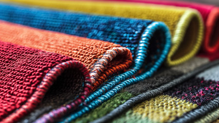 Vibrant rolls of fabric neatly displayed, showing a variety of textures and colors from blue to red.の素材