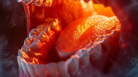 A highly detailed illustration of a human oral cavity with teeth and tongue, glowing red with a heat-like effect.の素材
