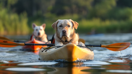 Two attentive dogs enjoy a serene kayak adventure on a gentle river, basking in the golden hour sunlight.の素材