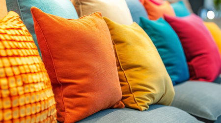 A vibrant selection of colorful cushions neatly arranged on a modern gray sofa in a cozy interior setting.の素材