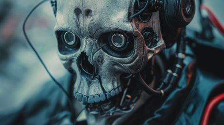 A macabre human skull adorned with high-tech headphones and cables exudes a chilling blend of the anatomical and the technological.の素材