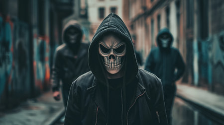 A group of individuals in grim reaper masks and hoodies menacingly advances through a graffiti-covered alley, exuding a threatening presence.の素材