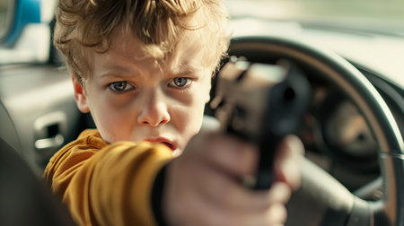 A focused young boy aims a toy gun while sitting in the driver's seat of a car, his expression serious.の素材