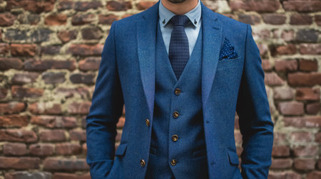 A sharply dressed man in a blue suit with a double-breasted jacket and patterned pocket square stands confidently.の素材