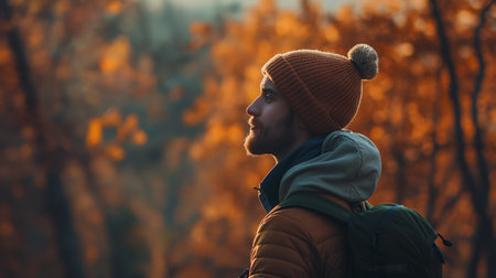 A man in a warm beanie and jacket gazes thoughtfully into the distance, enjoying the golden hues of an autumn forest.の素材