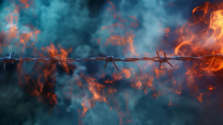 Barbed wire stands out in sharp contrast to the ominous swirls of smoke and flames, creating a dramatic and intense visual.の素材