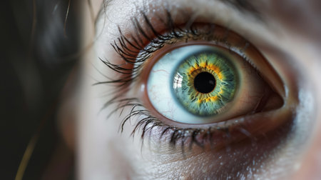 An extreme close-up macro shot of a human eye, displaying intricate details and vivid colors of the iris.の素材