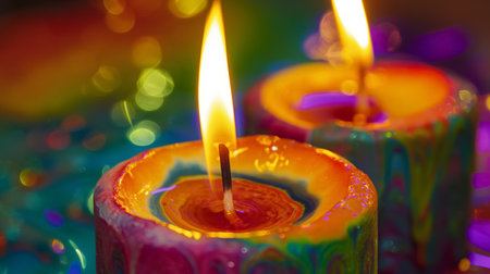 Two vibrant, multi-colored candles burn brightly, their warm glow casting a soft light against a bokeh background.の素材