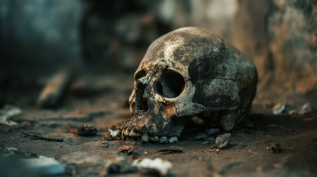 A human skull lies abandoned on the ground with a dark and eerie background, creating a sense of foreboding.の素材