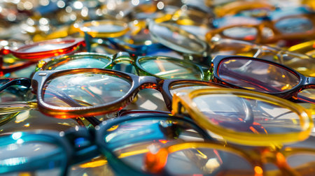A vibrant collection of various eyeglasses lies scattered, showing a range of styles and colors in a close-up view.の素材