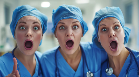 Three medical professionals in blue scrubs express shock and surprise, possibly reacting to an unexpected situation.の素材