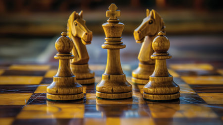 The focus is on a king chess piece, flanked by pawns and knights, strategically placed on a checkered wooden board.の素材