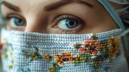 The striking blue eye of a woman gazing intently, partially obscured by a mask with a vibrant floral pattern.の素材