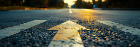 A perspective view of a road with a fading yellow arrow pointing forward, symbolizing direction and journey.の素材
