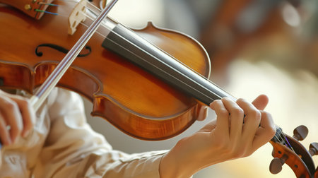 A close-up of a violinist's hand artfully positioned on the strings, capturing the essence of musical practice.の素材