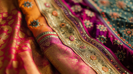 The luxurious textures of vibrant textiles are adorned with intricate embroidery, reflecting traditional craftsmanship.の素材