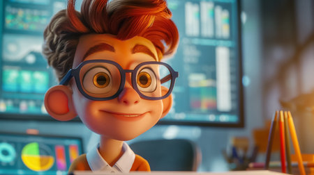 A 3D animated boy with round glasses grinning, working at his computer station with graphs on the screen.の素材